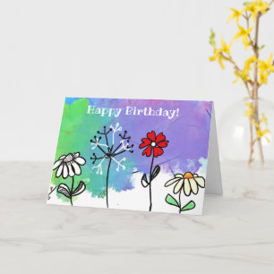 Cartão Happy bright cartoon flowers on watercolors