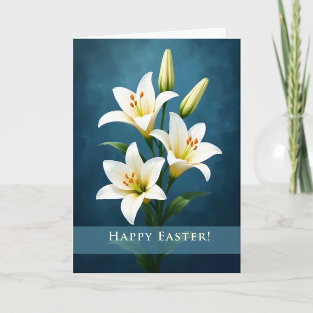 Cartão Happy Easter Elegant White Lilies Blue Background (Frente)