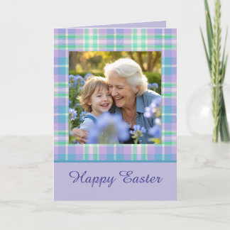 Cartão Happy Easter Plaid One Photo Purple Blue Pastel