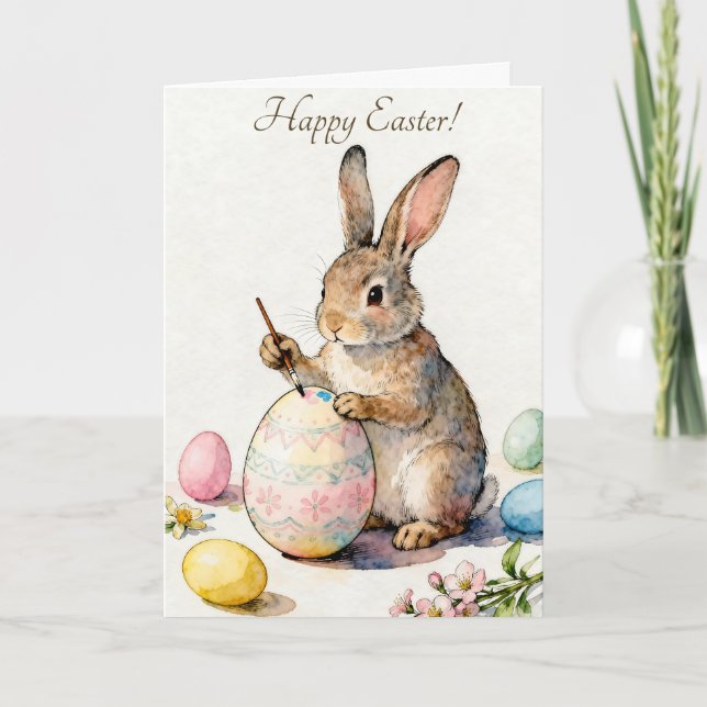 Cartão Happy Easter Vintage Bunny Painting an Egg (Frente)