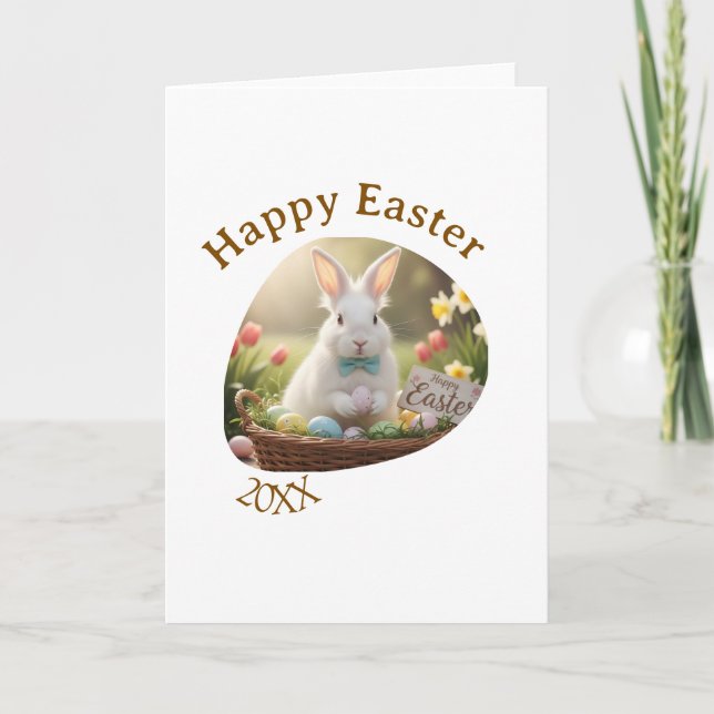 Cartão Happy Easter white bunny year photo family name  (Frente)