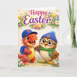 Cartão Happy Easter with Rex and cute dinosaur and owl sp