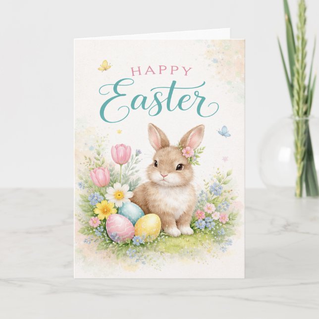 Cartão Happy Easter - with young rabbit (Frente)