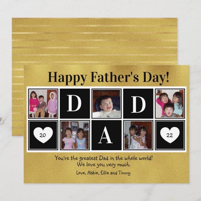 Cartão Happy Father's Day 5 Photo Gold Flat Greeting Card (Frente/Verso)