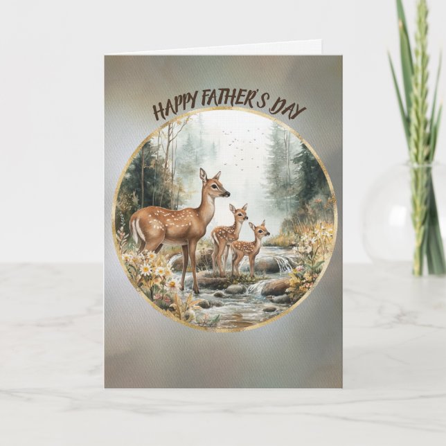 Cartão Happy Father's Day Doe and Twin Fawns In A Stream (Frente)