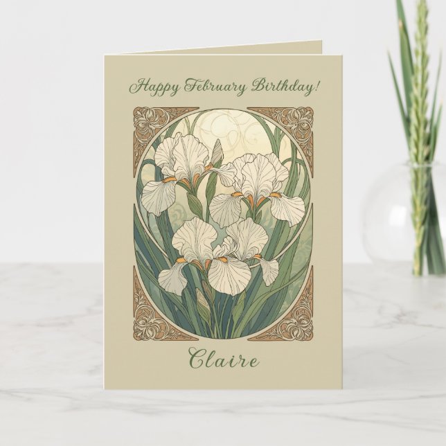 Cartão Happy February Birthday Iris Flowers Art Nouveau (Frente)