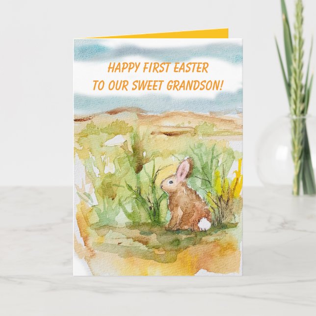 Cartão Happy First Easter Grandson Rabbit Wildflowers (Frente)
