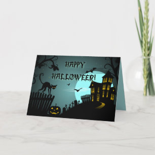 Cartão Happy Halloween Black Cat Haunted House Blue