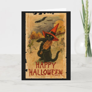 Cartão Happy Halloween Black Cat Playing Fiddle Bats