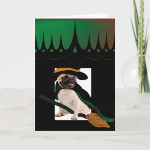 Cartão happy halloween flying broom witch pug