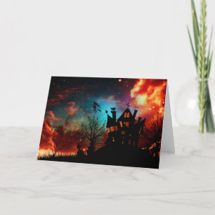 Cartão Happy Halloween Haunted House and Witch
