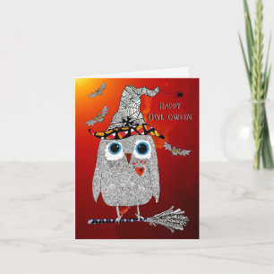 Cartão Happy Halloween Owl on a Broom Greeting Card