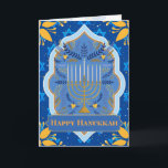 Cartão Happy Hanukkah<br><div class="desc">Um belo e elegante cartão de saudação para desejar um Feliz Chanucá a alguém. Cartão perfeito para a celebração do festival judeu de luzes. Brilhante em cores com uma menorah à frente rodeada de azeitonas e galhos, quadros coloridos e estrelas de David sobre fundo azul real e flores amarelas brilhantes...</div>