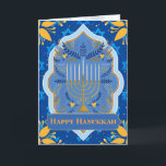 Cartão Happy Hanukkah<br><div class="desc">Um belo e elegante cartão de saudação para desejar um Feliz Chanucá a alguém. Cartão perfeito para a celebração do festival judeu de luzes. Brilhante em cores com uma menorah à frente rodeada de azeitonas e galhos, quadros coloridos e estrelas de David sobre fundo azul real e flores amarelas brilhantes...</div>