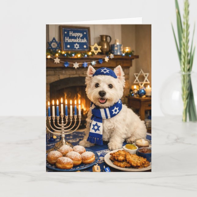 Cartão Happy Hanukkah Westie Card – Festive Jewish Dog (Frente)