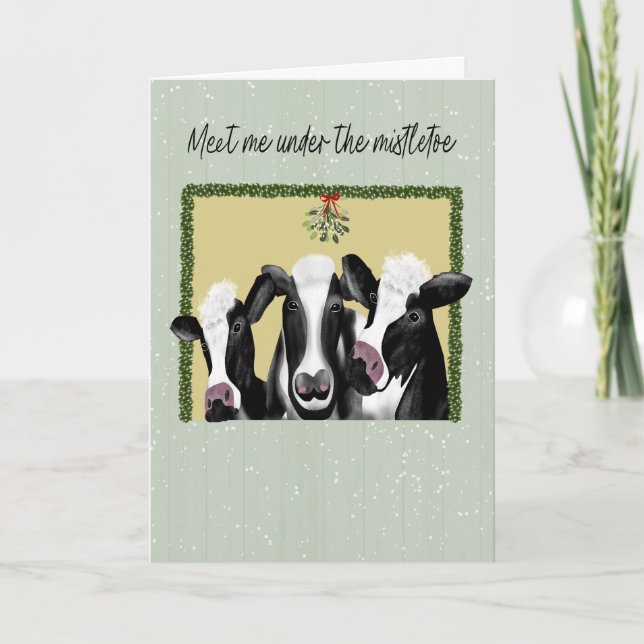 Cartão Happy Holidays Cows Meet Me Under the Mistletoe (Frente)