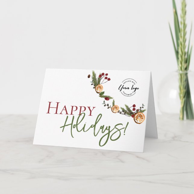 Cartão Happy Holidays Oranges wreath leaves Custom Logo  (Frente)