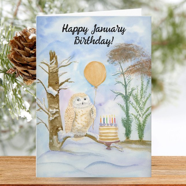 Cartão Happy January Birthday Barred Owl with Cake (Criador carregado)