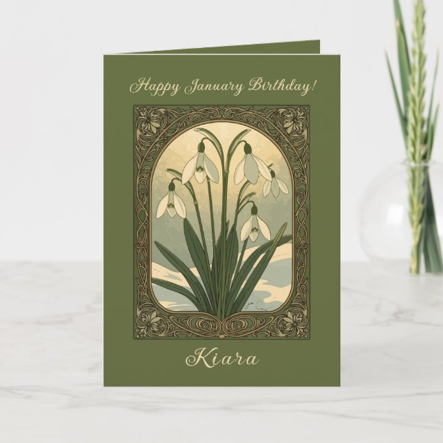 Cartão Happy January Birthday Snowdrop Flowers Art Nouvea (Frente)