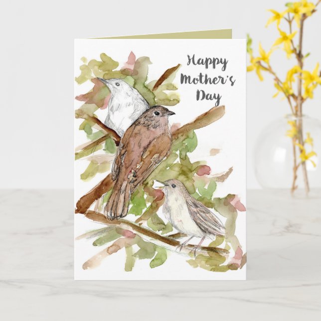 Cartão Happy Mother's Day Nightingale Birds in Tree  (Flor Amarela)