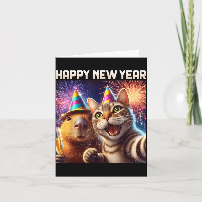 Cartão Happy New Year 2026 Cute Cat Capybara Party Art  (Frente)