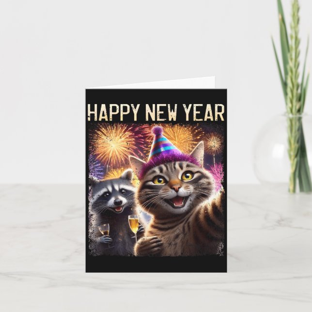 Cartão Happy New Year 2026 Cute Cat Raccoon Celebration  (Frente)