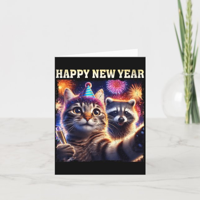 Cartão Happy New Year 2026 Cute Cat Raccoon Celebration  (Frente)