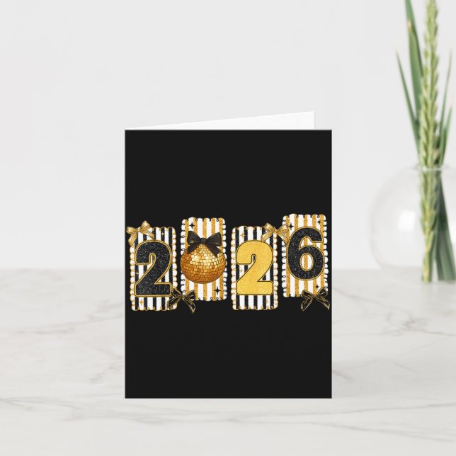 Cartão Happy New Year 2026 Disco Ball Gold Coquette Bow F (Frente)