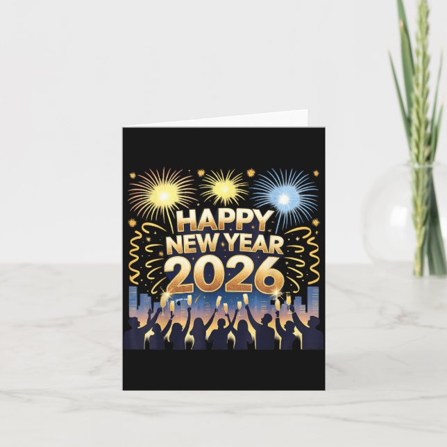 Cartão Happy New Year 2026 Fireworks Party Celebration  (Frente)