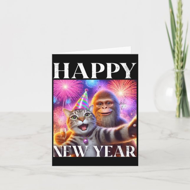 Cartão Happy New Year 2026 Funny Cat Bigfoot Party Art  (Frente)