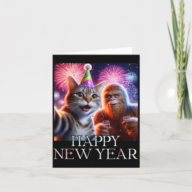 Cartão Happy New Year 2026 Funny Cat Bigfoot Party Art  (Frente)