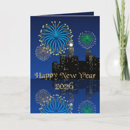 Cartão Happy New Year’s Eve Midnight Fireworks City Light