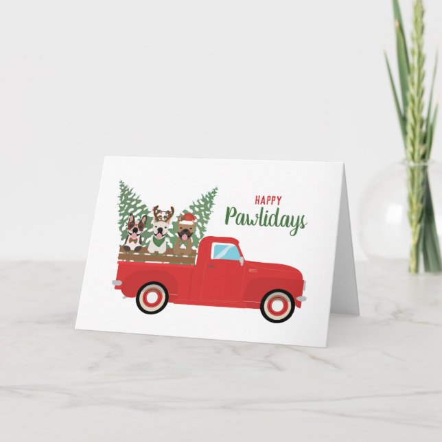Cartão Happy Pawlidays French Bulldogs Red Pickup Truck (Frente)