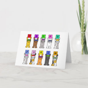 Cartão Happy Purim Cartoon Cats in Masks and Hats