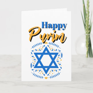 Cartão Happy Purim Greeting Card - White Blue Yellow Star