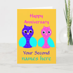 Cartão Happy Second Anniversary Cute Owl Couple Customize