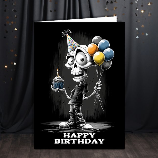 Cartão Happy Skeleton Wearing a Party Hat Birthday (Criador carregado)