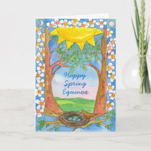 Cartão Happy Spring Equinox Robin Birds Nest Sunshine