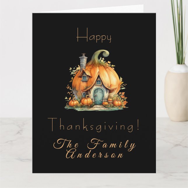 Cartão Happy thanksgiving pumpkin house yellow black (Frente)