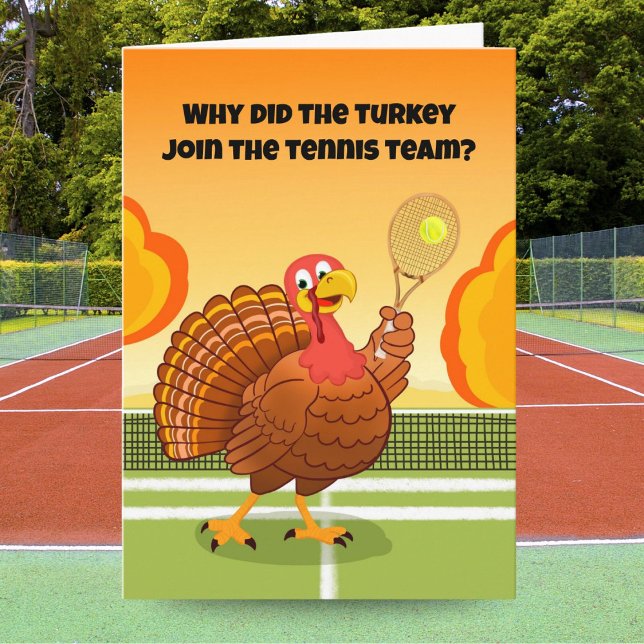 Cartão Happy Thanksgiving Tennis Turkey Riddle (Criador carregado)