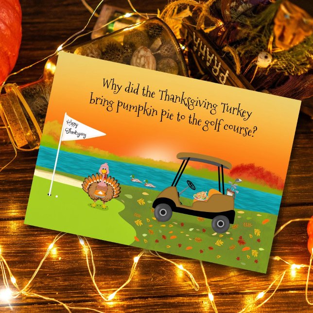 Cartão Happy Thanksgiving Turkey on Golf Course With Pie  (Criador carregado)