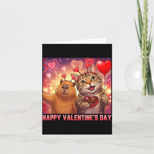 Cartão Happy Valentines 2026 Cute Cat Capybara Party Art  (Frente)