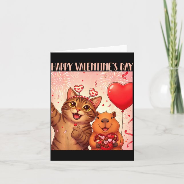Cartão Happy Valentines 2026 Cute Cat Capybara Party Art  (Frente)