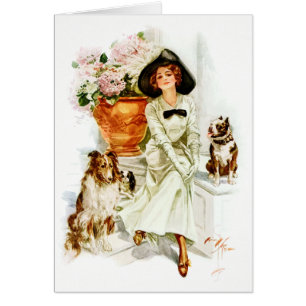 Cartão Harrison Fisher: Mulher com três cães