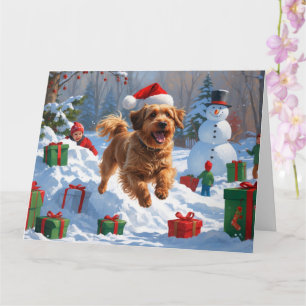 Cartão Havanese Correndo na Neve com Chapéu de Natal