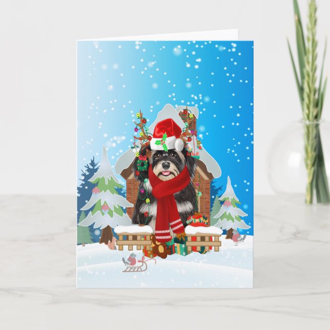 Cartão Havanese na neve com presentes de Natal (Frente)