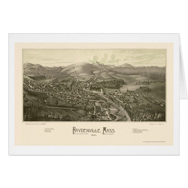 Cartão Haydenville, mapa panorâmico das MÃES - 1886 (Frente Horizontal)