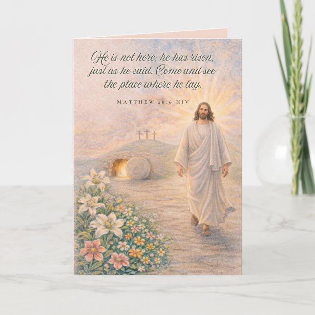 Cartão He Is Risen – Matthew 28:6 Bible Verse - Easter (Frente)