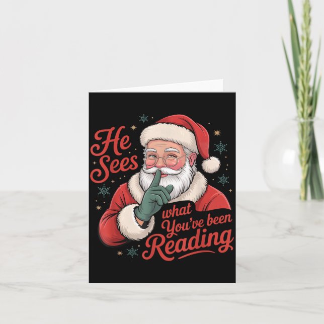 Cartão He Sees What You've Been Reading, Retro Santa Chri (Frente)