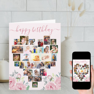 Cartão Heart Photo Collage Pink Peony Birthday